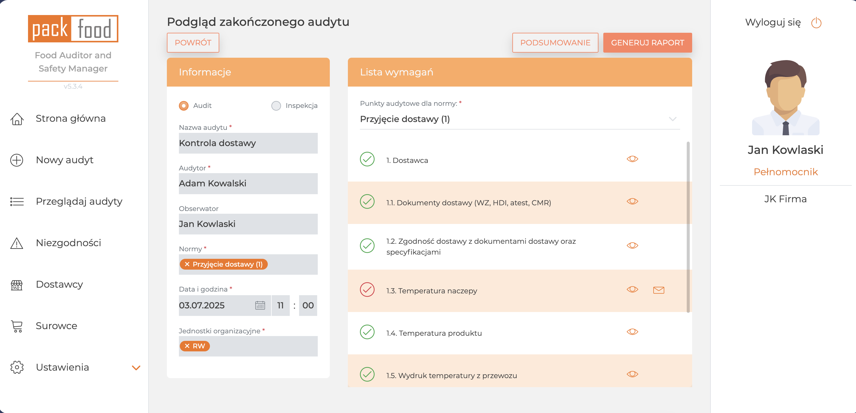 PackFood — szczegóły audytu z checklistami i generowaniem raportu